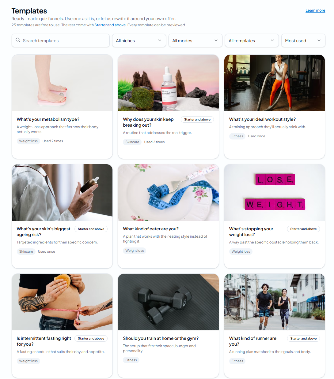 QuizFly template library with ready-made quiz funnels across several niches
