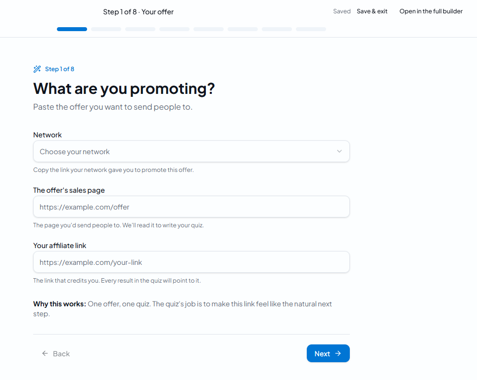 Step one of the QuizFly Wizard, with the offer and sales page fields