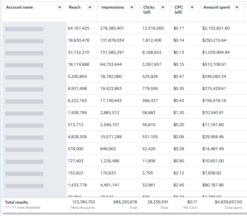 Meta Ads totals across advertising accounts, with account names redacted